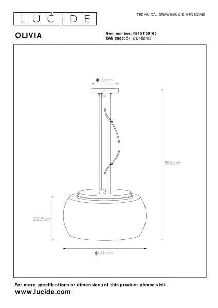 Lucide OLIVIA - Lámpara colgante - Ø 50 cm - 3xE27 - Ahumado - técnico